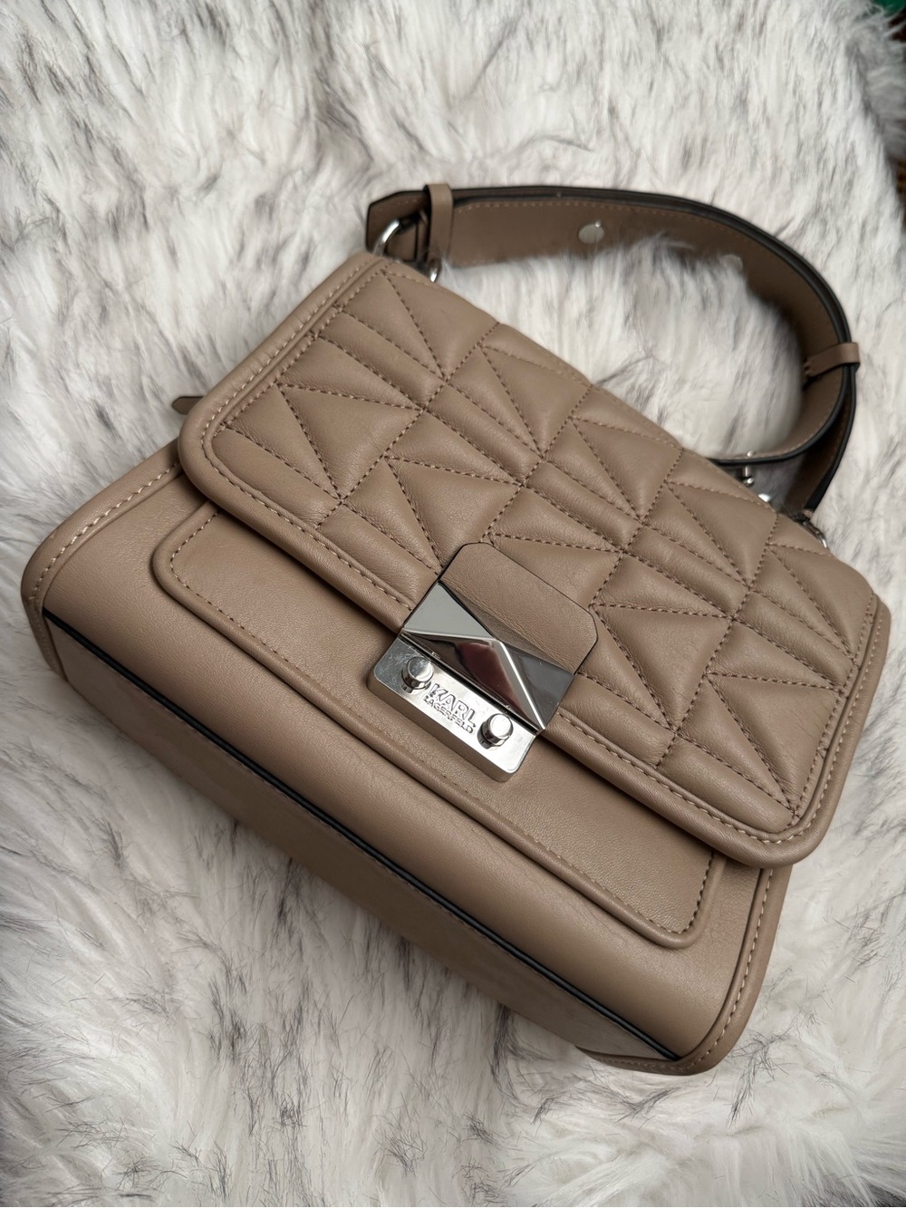 Karl Lagerfeld Quilted Taupe Shoulder Bag with Silver Hardware